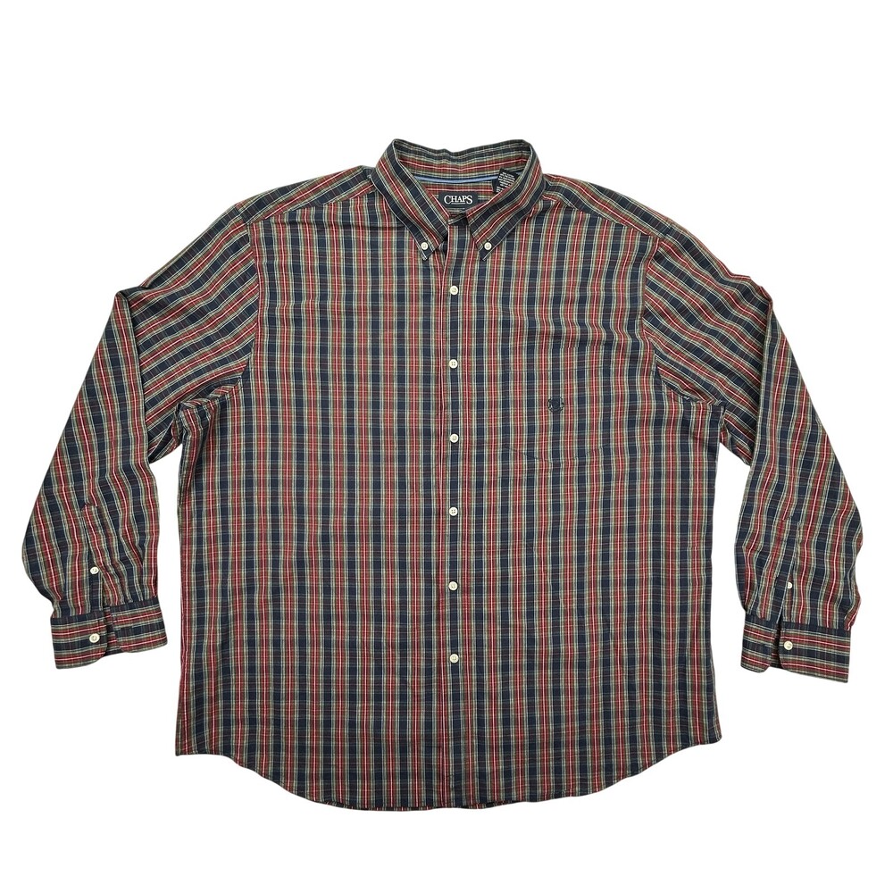 Chaps Shirt Mens 2XL Stretch Easy Care Plaid Button Down Long Sleeve Blue Red